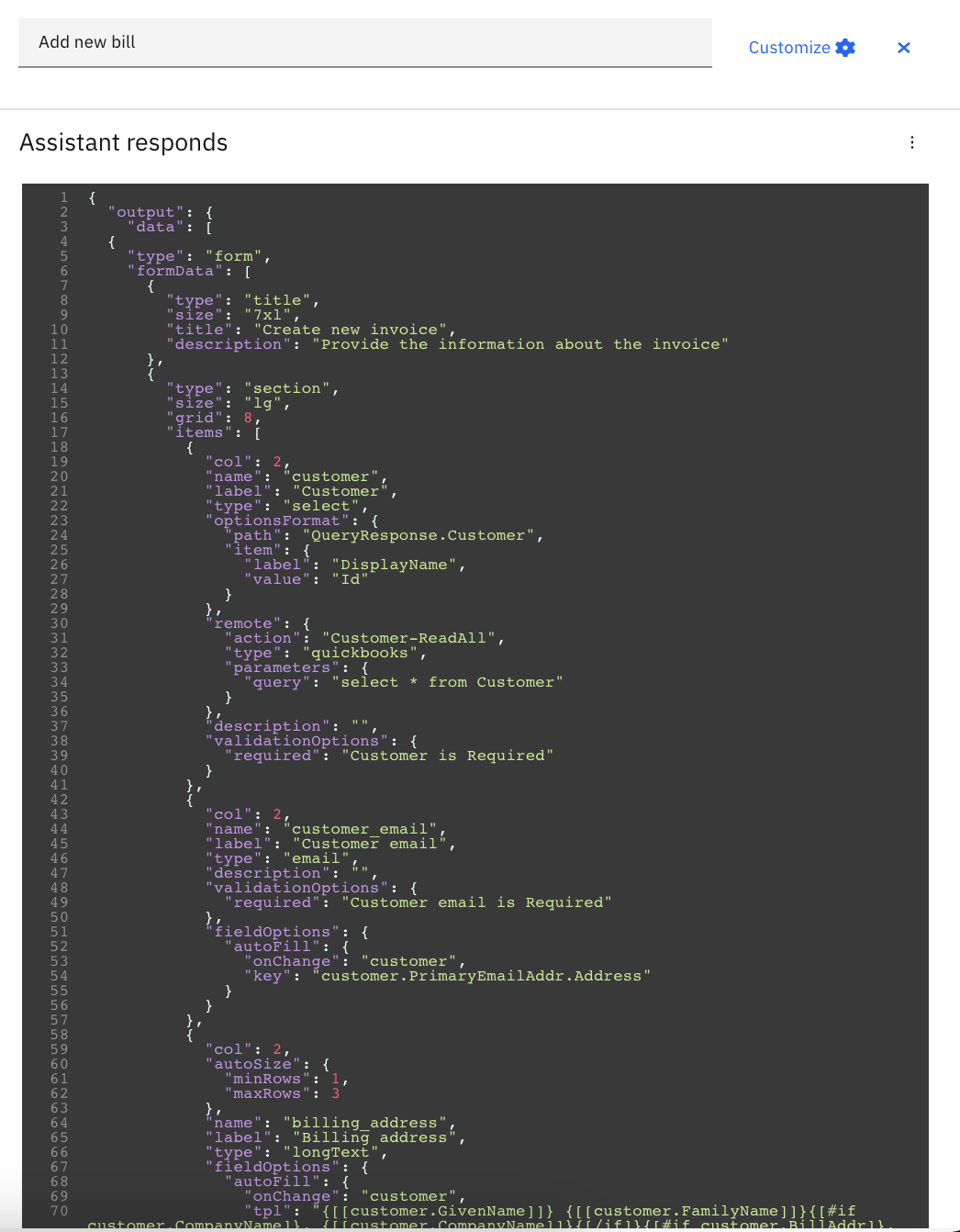 IBM Watson Assistant JSON editor